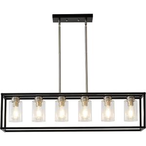 XILICON Dining Rooms Brushed Nickel Chandeliers, Brushed Nickel & Black Kitchen Island Farmhouse Lighting Fixture Industrial Rustic Ceiling Hanging 6 Light Modern Pendant Light with Glass Shade
