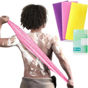 3 Pieces Exfoliating Washcloth Shower Towel African Net Sponge Japanese Wash Cloth Face Exfoliating Sponge Loofah Exfoliating Body Scrubber for Body Exfoliation (Yellow Pink Purple)