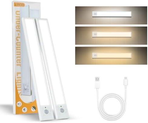 JACKPOT BOOM Under Cabinet Lights 2 Pack 12 inch Rechargeable Battery Operated Motion Sensor Light Indoor USB Charging Closet Lights Battery Operated with 3 Color Temps for Kitchen, Stairs, Home