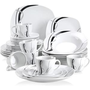 VEWEET, Series Fiona, 30-Piece Dinnerware Sets for 6, White Dishes Set with Black and Gray Stripes, Porcelain Dinner Set Including Dessert Plates, Soup Plates, Dinner Plates, Cups & Saucers