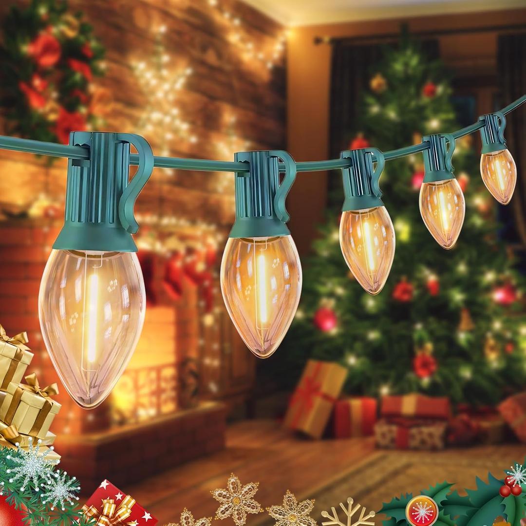 C7 Christmas Lights Outdoor 10ft - Warm White & Clear LED String Lights with 10 Vintage Bulbs, Waterproof Green Wire for Roofline, Patio, Xmas Tree, Halloween, Holiday Decor