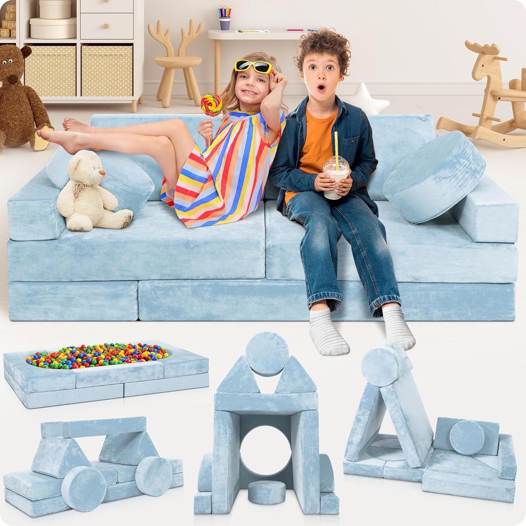 Lunix LX15 14pcs Modular Kids Play Couch, Child Sectional Sofa, Fortplay Bedroom and Playroom Furniture for Toddlers, Convertible Foam and Floor Cushion for Boys and Girls, Serenity Blue