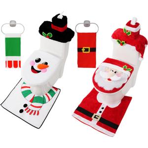 JOYIN 2 Set 5 Pieces Christmas Theme Bathroom Decoration Set w/Toilet Seat Cover, Rugs, Tank Cover, Toilet Paper Box Cover and Santa Towel for Xmas Indoor Dcor, Party Favors (Santa & Snowman)