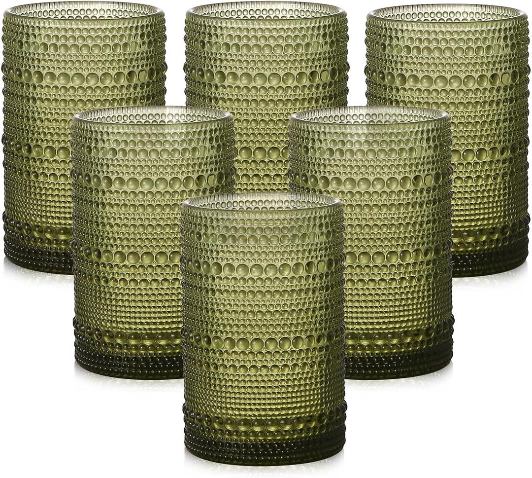 ZMOWIPDL Vintage Glassware Drinking Glasses Set of 6,15 oz Hobnail Glass Cups,Embossed Green Water Tumbler,for Beer,Cocktail,Whiskey,Juice and Various Mixed Drinks- 1 Cleaning Brush