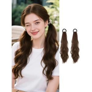 2PCS Curly Ponytail Extension with Elastic Tie 17 Inch Resistant Synthetic Natural Wavy Hairpiece Pony Tail Hair Extensions Wave Fake Ponytail Hairpieces for Women Daily WearLight-Brown