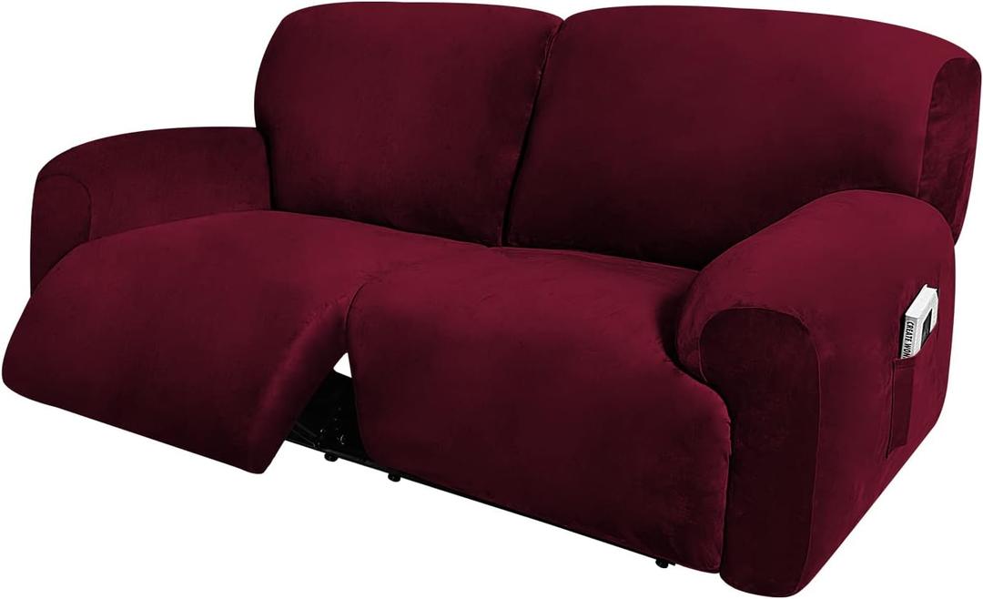 ULTICOR Extra Wide 75" - 100", Reclining 2 Seater Sofa, Extra Wide Reclining Love Seat Slipcover, 6-Piece Velvet Stretch, Reclining Sofa Covers, Thick, Soft, Washable (Burgundy - Wine)