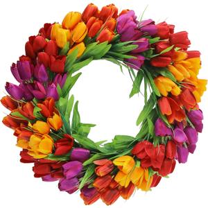 U'Artlines 20 Inch Tulip Wreath for Front Door, Spring Summer Silk Wreath with Green Leaves Artificial Tulip Flower Wreaths for All Seasons Window Wall Wedding Valentines Day Decor (Red Yellow Purple)