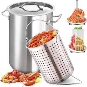 ARC 32QT Stainless Steel Stock pot 6-Piece For Seafood Boil Pot with Basket and Steamer Rack,Cookware for Crawfish Crab Shrimp Lobster Boiling Pot, Turkey Fryer Pot, Tamale Steamer Pot with Strainer