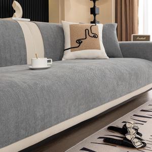 Chenille Sectional Sofa Covers, Herringbone Couch Covers Washable for Dogs, Funny Fuzzy Couch Covers Non Slip Protector for L Shaped(Gray, 36"x 94") (Grey)