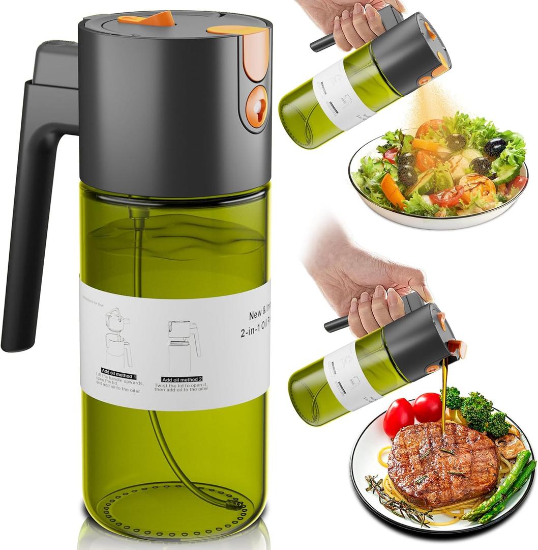 Upgrade 2 in 1 Oil Sprayer for Cooking, 17oz Olive Oil Dispenser Bottle for Kitchen Gadgets with Stickers, 2026 Large Advanced Food Grade Light-Blocking Glass Spray Bottle for Salad, Air Fryer, BBQ