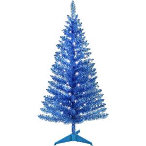 4ft Lighted Artificial Blue Christmas Tree, Not Pre-lit Blue Tinsel Pine Trees with Lights, Ideal for Ideal for Home, Office, and Xmas Party Dcor - Includes Stand