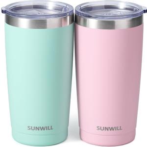 SUNWILL Travel Coffee Mug with Lid, 20 oz Tumbler Set of 2, Insulated Stainless Steel Cup for Water, Tea, Powder Coated Sakura & Mint