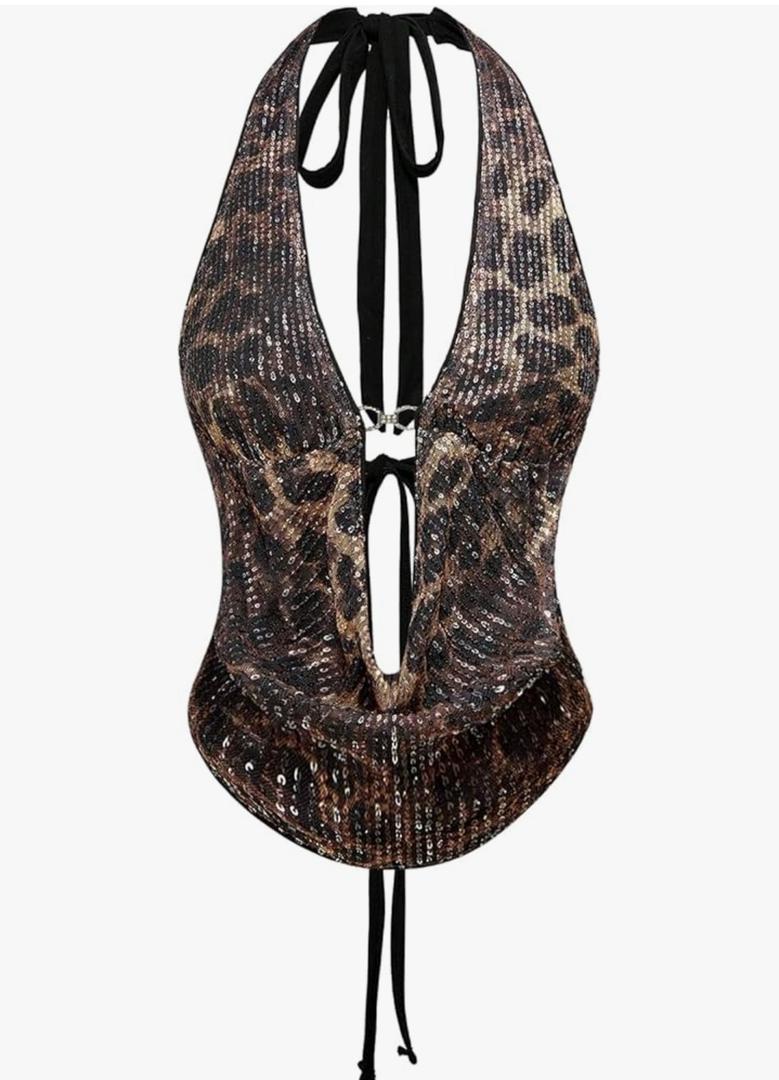 Verdusa Women's Cheetah Print Sequin Top Y2K Tie Back Corset Halter Going Out Crop Tops L