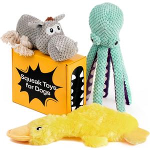 PetSpy Squeaky Stuffed Dog Toy Pack - 3 Dog Chew Toys for Large, Medium, Small Dogs and Puppies- Rope Donkey, Plush Octopus, Crinkle Duck Toy - Pet Supplies Toys for Dogs to Keep Them Busy