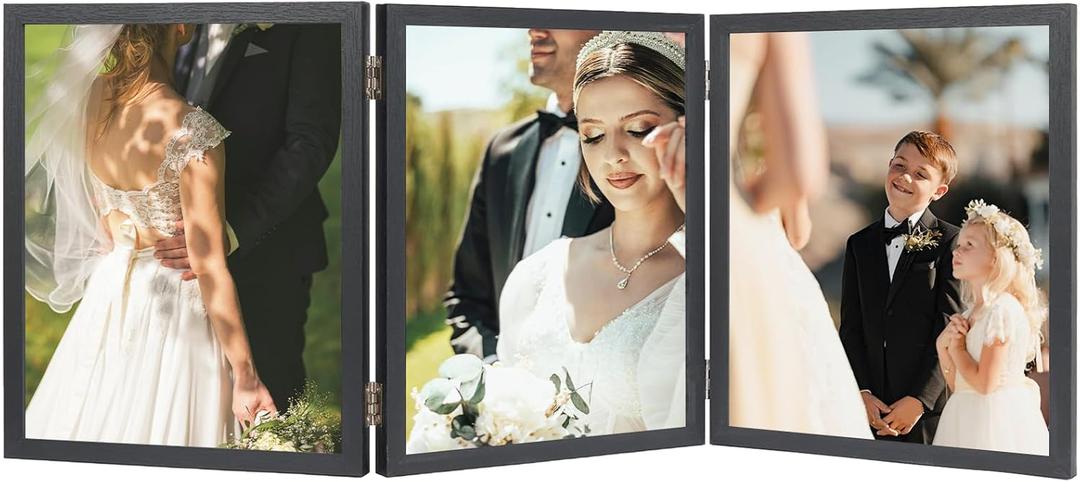 3 Picture Frame 8x10 Hinged Folding Vertical Stand for Tabletop Display, Wood Three Opening 8x10 Triple Photo Frame Collage with Shatter Resistant Plexiglass, Black