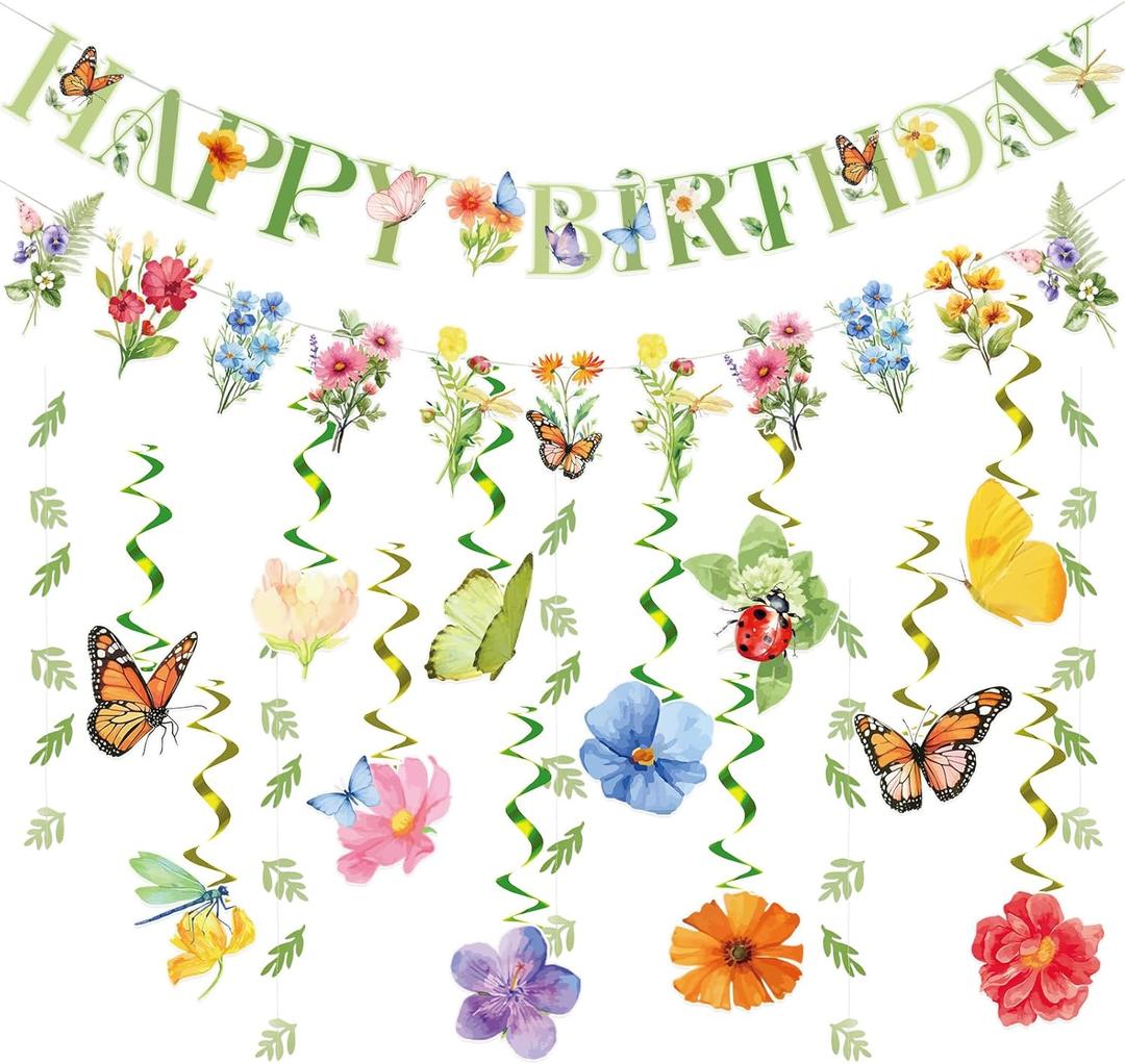 Flower Birthday Decorations, Garden Wildflower Party Decorations with Pre-strung Banners, Flower Themed Hanging Swirls, Birthday Decorations for Women Girl (Green Pink)