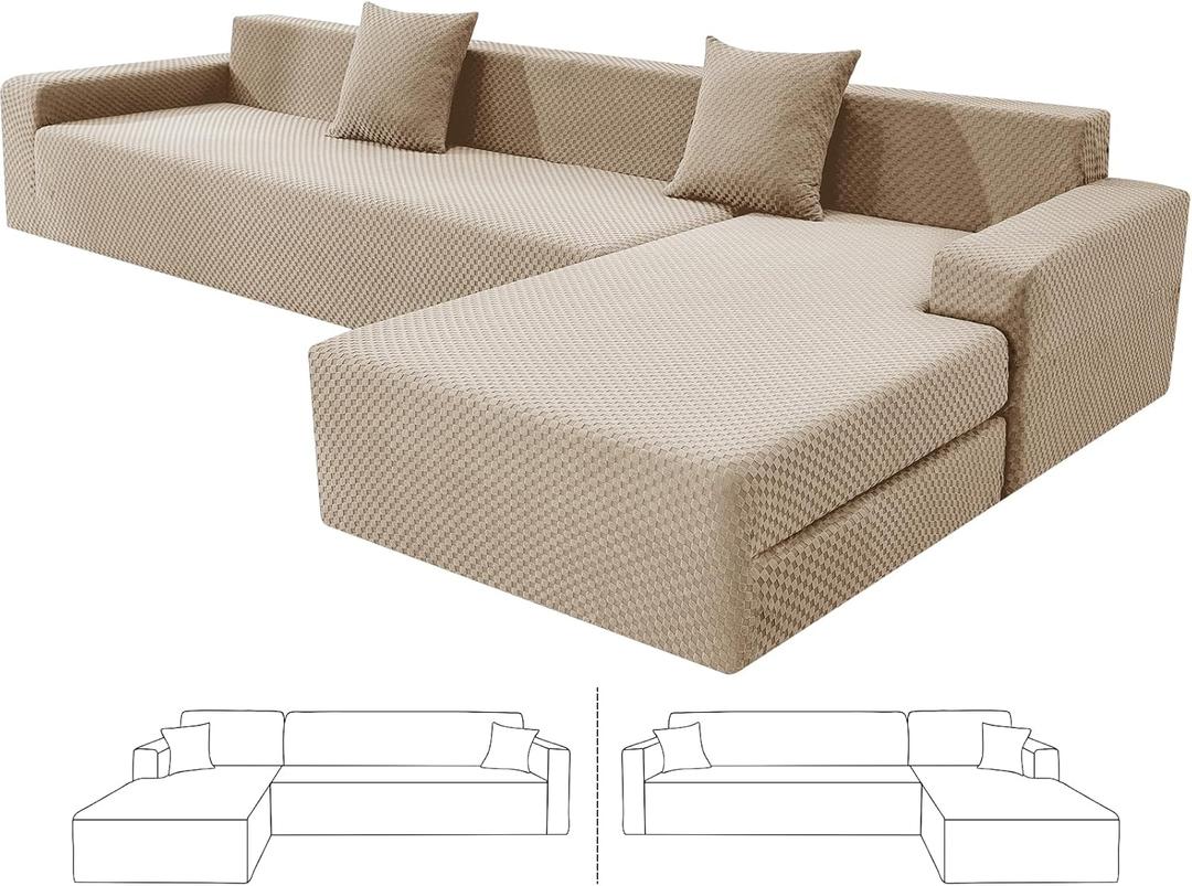 ZNSAYOTX Sectional Couch Covers, Stretch Jacquard Slipcovers with Elastic Bottom for L-Shape Sectional Sofa, 2 Pcs Pet Friendly Modular Sofa Protector (3 Seat Couch + 3 Seat Chaise, Khaki)