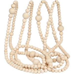 12 Feet Christmas Wooden Beads Garland Round Craft Farmhouse Vintage Wood Bead Garlands for Xmas Decoration Supplies(Natural Color)