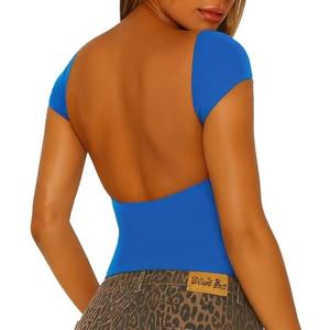 ForeFair Women Sexy Backless Short Sleeve Slim Fit Crewneck Summer Casual Y2K Crop Tee Medium