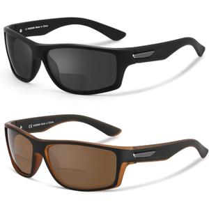 Missfive 2-Pack Mens Ultimate Bifocal Sunglasses with Readers Built In Sporty Upgraded Wrap Frame, UV400 Protection Driving & Reading Glasses for Outdoor +2.5 (Dark/Brown)