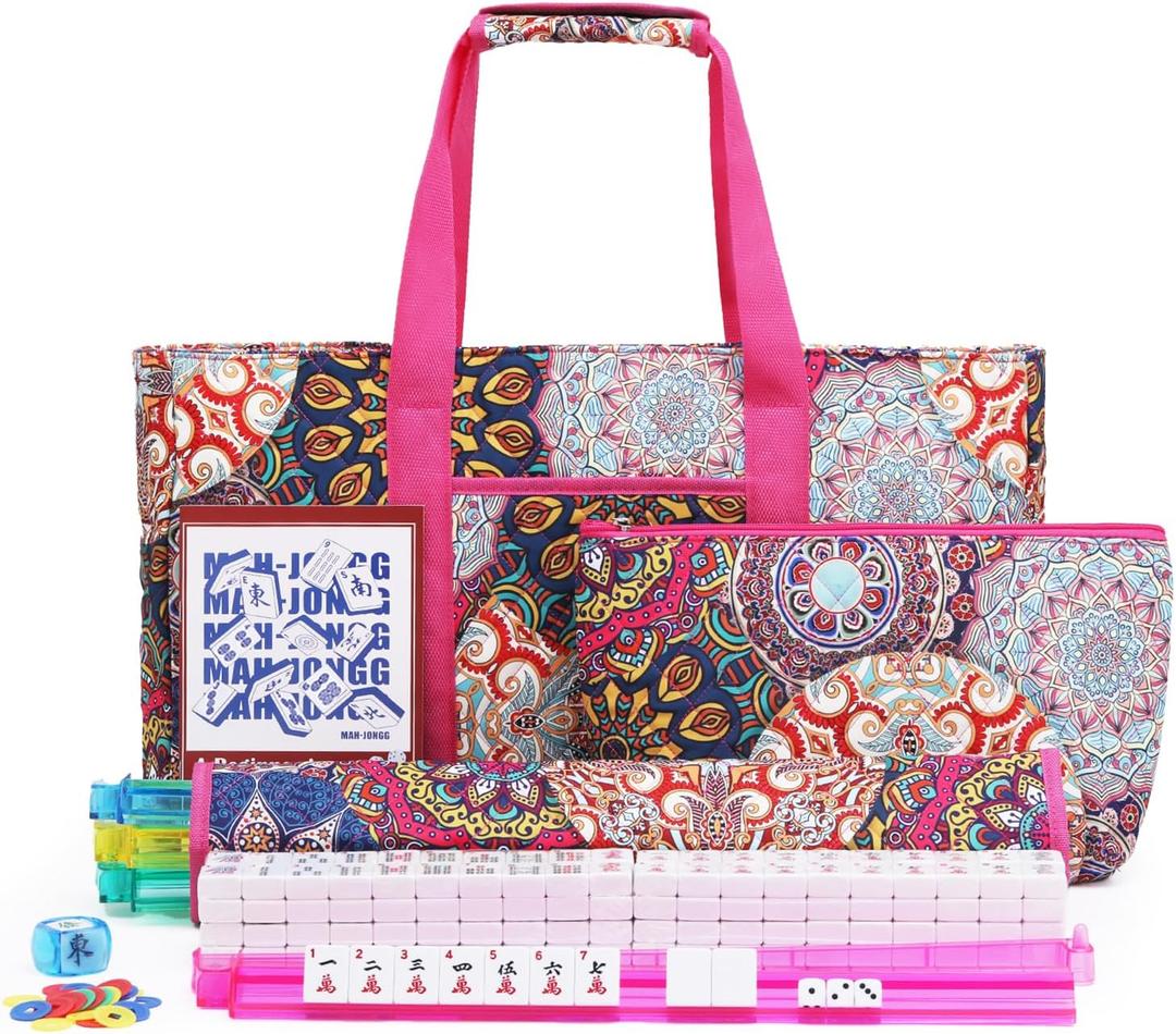 American Mahjong Tile Set with Rose-Red Printed Carrying Bag, 166 Premium White Tiles, 4 All-in-One Color Racks/Pushers, Mah Jongg Sets, Complete Mahjong Game Set for Travel