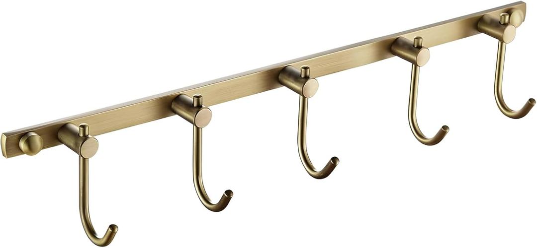 WINCASE Antique Brass Towel Hook, Brushed Brass Wall Hook Rail, 5 Hooks Antique Coat Hook Rail Hanger Bathroom Robe Hooks Rack Wall Mounted