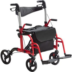 VEVOR 2 in 1 Rollator Walker & Transport Chair for Seniors, Folding Rolling Walker Wheelchair Combo & Footrests, Lightweight Aluminum Mobility Walker with Adjustable Handle, All Terrain Wheels, 300LBS (Red)