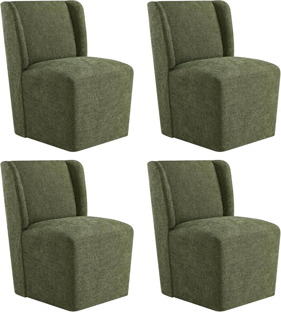 Upholstered Dining Chairs Set of 4 with Casters, Wingback Modern Side Armless Deskchair with Rollers for Diningroom Bedroom Livingroom Reading Room, Green Fabric