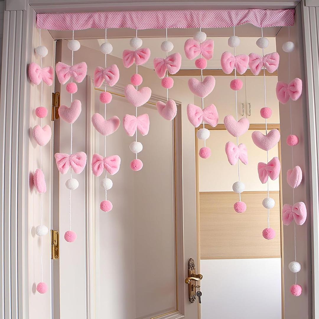 Cute Plush Curtain for Door Window Wall 33" W x 36" L Self-Adhesive Pink Bow Heart-Shaped Kawaii Curtain for Living Room and Bedroom Decor