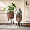 Set of 2 Rattan Plant Stand, Boho Plant Stand Indoor, Handwoven Wicker Plant Stands with Metal Frame, Mid Century Plant Holder for Living Room Bedroom Patio