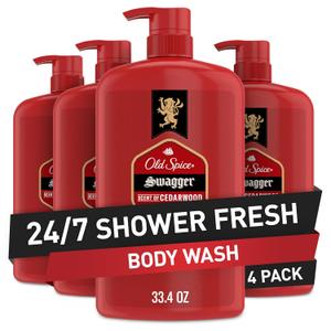 Old Spice Body Wash for Men, Refreshing 3X Defense, 24/7 Shower Fresh with Long Lasting Scent, Red Collection, Swagger with Cedarwood Scent, 33.4 oz (Pack of 4)