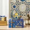 Geelin 4 Pcs Eid Mubarak Tiered Tray Decor Wooden Book Stack Signs, Blue Gold Islamic Crescent Moon Mosque Table Centerpiece for Ramadan Home Shelf Coffee Bar Mantel Decorations