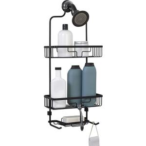 Zenna Home Rustproof Shower Caddy Hanging Bathroom Organizer, Aluminum Shower Rack with 2 Shelves and Built in Hooks, Premium Over Shower Head Storage System, Black