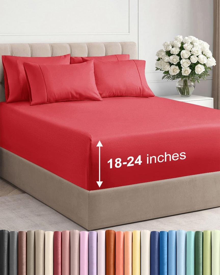 Extra Deep Full Sheet Set - 6 Piece Breathable and Cooling Sheets - Hotel Luxury Bedding for Women, Men, Kids & Teens - Easy & Secure Fit - Soft, Wrinkle Free and Comfy with Extra Deep Pockets - Red
