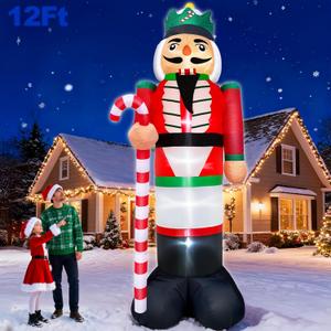 12 Ft by 5.9 Ft Christmas Inflatables Nutcracker Outdoor Decorations, Giant Christmas Blow up Hold Candy Cane Built in LED Lights, Xmas Inflatable Decor Holiday Party Yard Garden Lawn