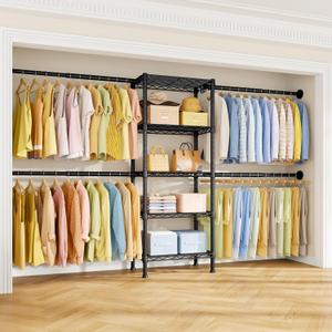 Ulif M2 Wall Mounted Closet System, Clothes Rack Mounted onto the Wall with 4 Expandable Hanger Rods and 5 Metal Shelves, Clothing Organizer Storage in (70.8-102.3)" L x 14.5" D x 71.2" H, Black