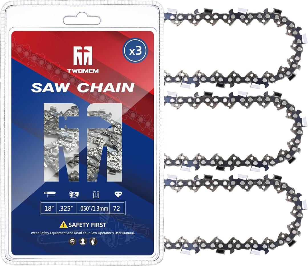 18 Inch Chainsaw Chain, 3 Pack, 72 Drive Links .325" Pitch .050" Gauge Fits Husqvarna 440 440E 445 41 350 435 450 545 550 XP, Ryobi PCN3840, PCN4545.