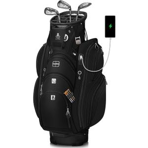 Vancropak Golf Cart Bag, Golf Gifts for Men with 15 Way Divider Top, USB Charging Port, Waterproof Protective Rain Cover, Shoe Compartment, Cooler Pocket, Tracker Slot, Umbrella Holder, Golfer Gifts