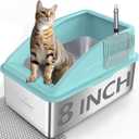 Stainless Steel Litter Box | XXL Deepened 8" Design Enclosed Box with Lid for Big Cats | High Sided, Anti-Urine Leakage | Non-Stick Bottom & Includes Litter Mat & Metal Scoop (Turquoise)