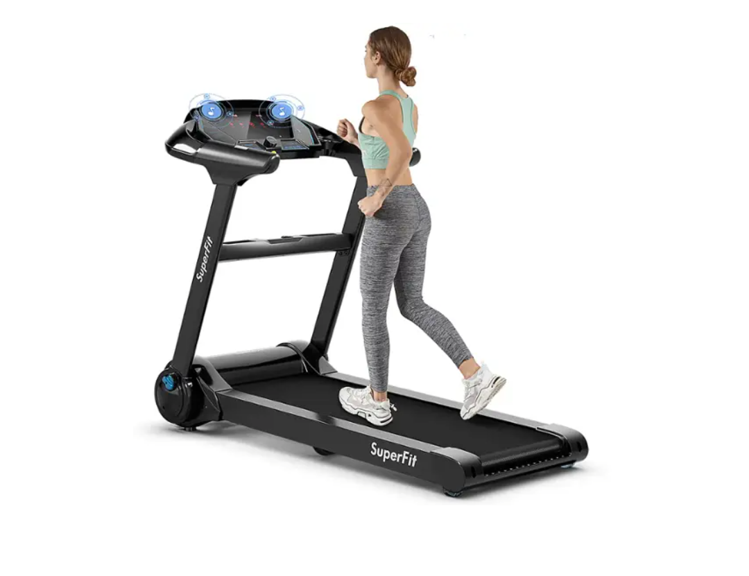 Goplus Folding Treadmill, Superfit Electric Portable Treadmill with Blue Tooth Speaker, APP Control and 16.5'' Wide Tread Belt, Running Jogging Machine for Home and Office Use