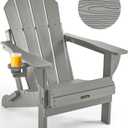 Ciokea Folding Adirondack Chair Wood Texture, Patio Chair Weather Resistant, Plastic Fire Pit Chair with Cup Holder, for Lawn Outdoor Porch Garden Backyard Deck (Grey)