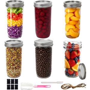 Mason Jars Wide Mouth 24 oz with Lids, Glass Jars with Airtight Lids and Band, Safe for Canning, Food Storage, Pickling, Overnight Oats Container, Pint and A Half Size (Pack of 6)