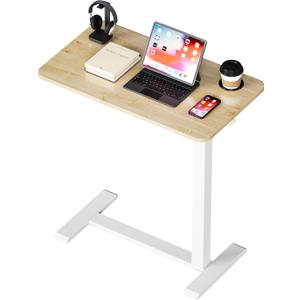 BIZUM Adjustable Bedside Table with Swivel Hidden Wheels Pneumatic Rolling Desk Mobile Standing Desk with Cup Holder for Hospital Home(27.6"x15.8" Maple)