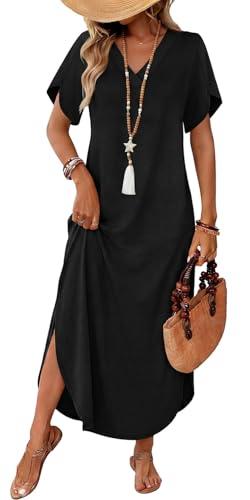 WIHOLL Black Dresses for Women Maxi Dresses Dressy Casual Dresses Summer 2026 Flowy Long Dress Short Sleeve Vestidos Casuales para Mujer Spring Clothes Cruise Outfits, Medium