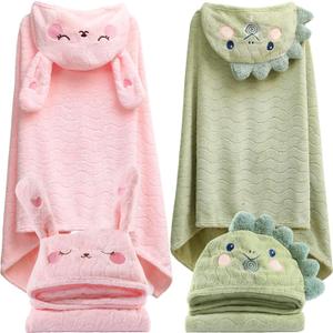 Hooded Towel for Kids, 2 Pack Ultra Soft Coral Fleece Kids Bath Towels, Absorbent Toddler Towels with Hood Age 0-10 Years for Infant, Kids - Large 27.5 X 55 inch (Pink Rabbit & Green Dinosaur)