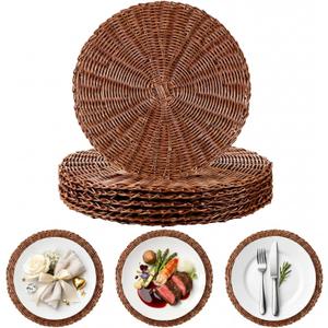 Round Rattan Placemats Set of 6 Boho 15 Inch Plastic Wicker Woven Table Mats Rattan Charger Plates Washable Non Slip Place Mats for Dinner Table Setting Rustic Brown Wedding Party Decoation