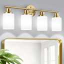4-Light Vanity Lights, Brushed Gold Bathroom Light Fixture with Striped Textured Milky White Glass Shade, Modern Vanity Lighting Fixture for Bathroom Wall Light Over Mirror, E26 Wall Sconce