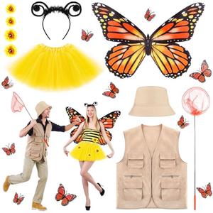 Yearntown 2 Set Couple Costume for Adult Matching Halloween Outfits, Funny Butterfly Catcher Costume Monarch Butterfly Couple Cosplay for Women Men Friends Cosplay Party Multicolor
