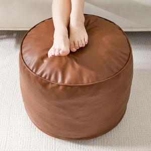 HIGOGOGO Round Stuffed Pouf Ottoman, Pu Leather Poufs with Foam Chunk Filling, Furry and Fluffy Pouf Foot Stool Storage Ottoman, 20 X 15 Floor Poufs Foot Rest for Living Room, Brown