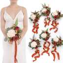 Ling's Moment Artificial Flowers Terracotta Bridesmaid Bouquet Set of 6, Fall Wedding Flowers Bouquets for Bridesmaids, 7 Inch Bridal Bouquets for Bridesmaids, Wedding Decor, Anniversary, etc (Or-burnt Orange)